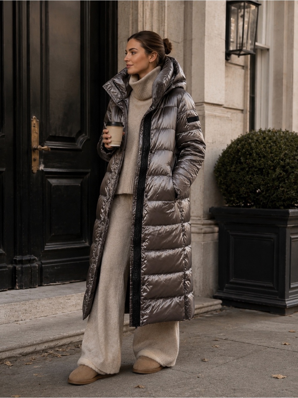 Karl Lagerfeld Paris Maxi Puffer Coat Metallic Taupe Down Blend Hooded Long Sz M